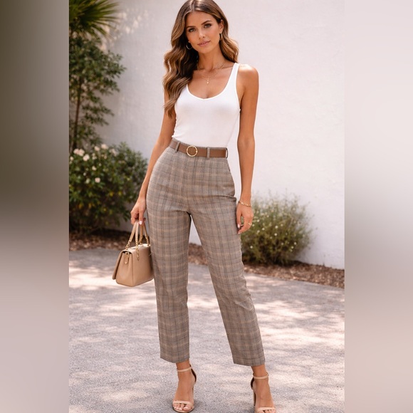 LOFT Pants - LOFT Taupe Plaid High-Rise Straight Trousers